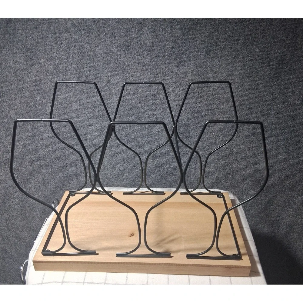 Modern Industrial 6 Bottle Wine‎ Rack Wood Base Black Metal Wire Frame 303839